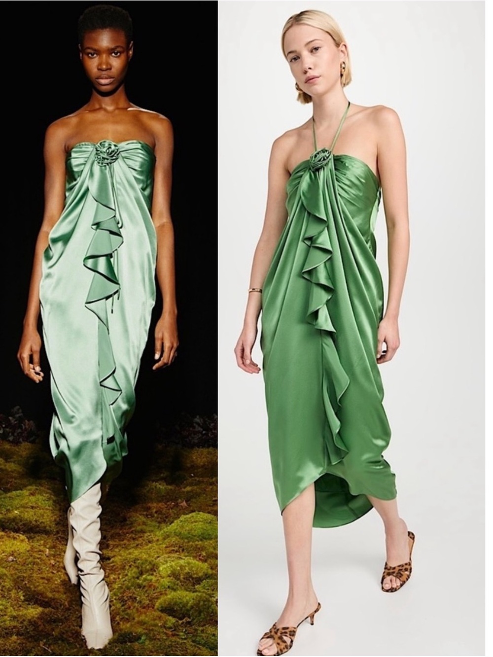NWT CINQ A SEPT Pistachio Silk‎ Satin Rosette Halter Neck Ruffle Cocoon Dress 10